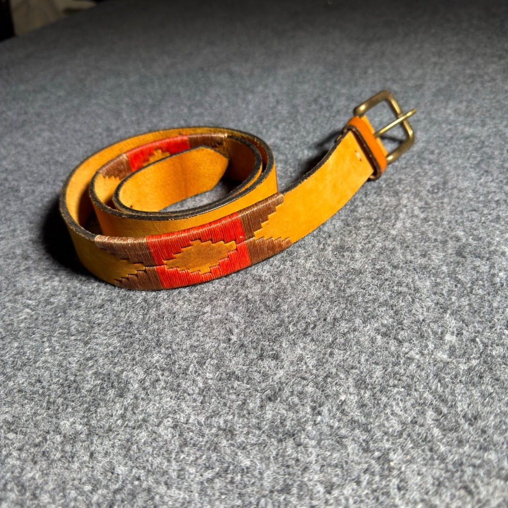 Alpataco Polo Belt Unisex Size 100 Tan Leather Embroidered Gaucho Pattern